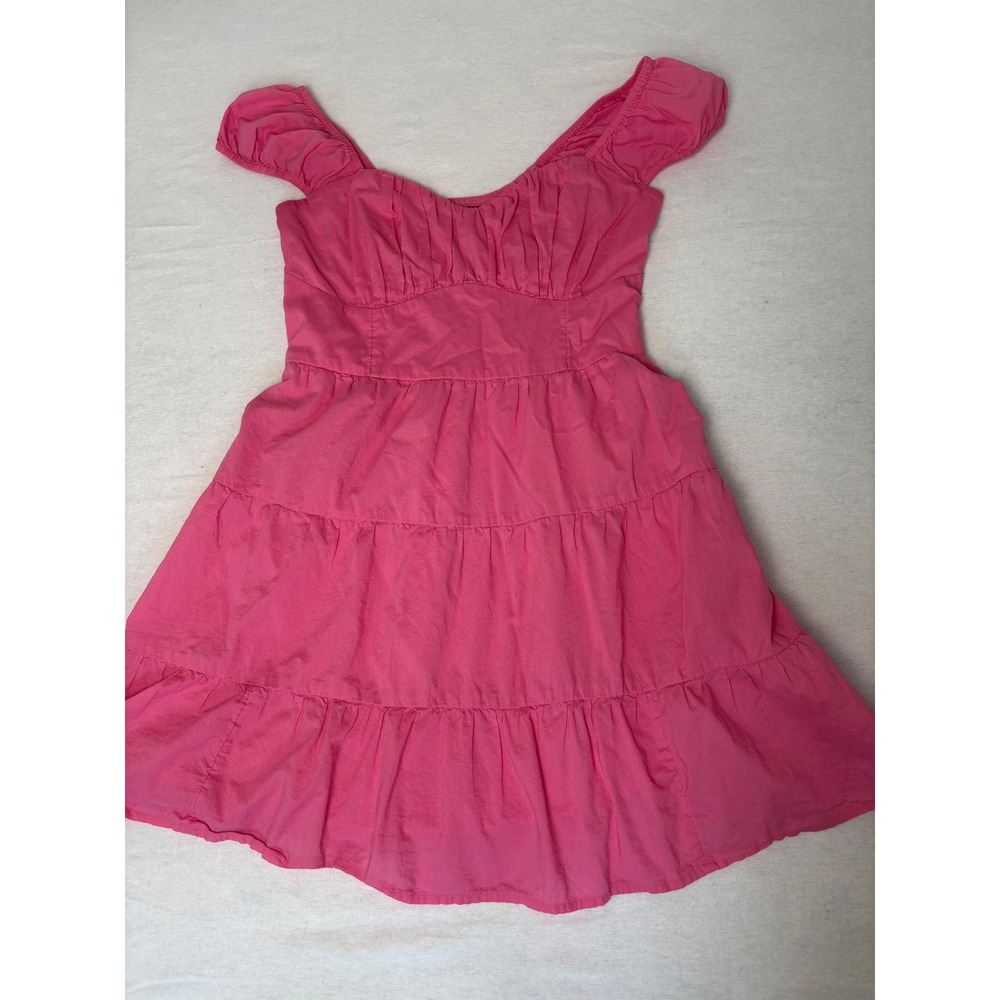 Hollister Pink Tiered Mini Dress Smocked Back Puff Sleeve Pockets Medium